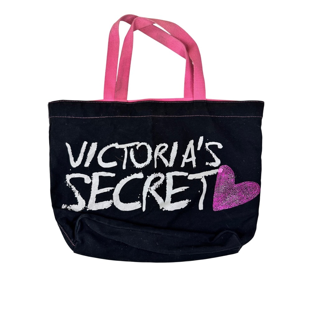 Victoria's Secret Black Pink Heart Tote Bag Beach Vacation Canvas